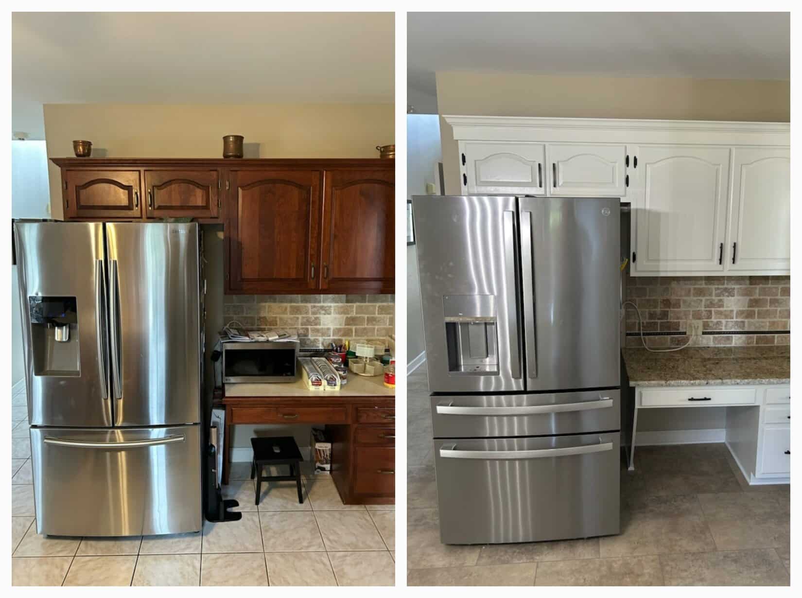 Kitchen before and after with stainless steel refrigerator and repainted cabinets