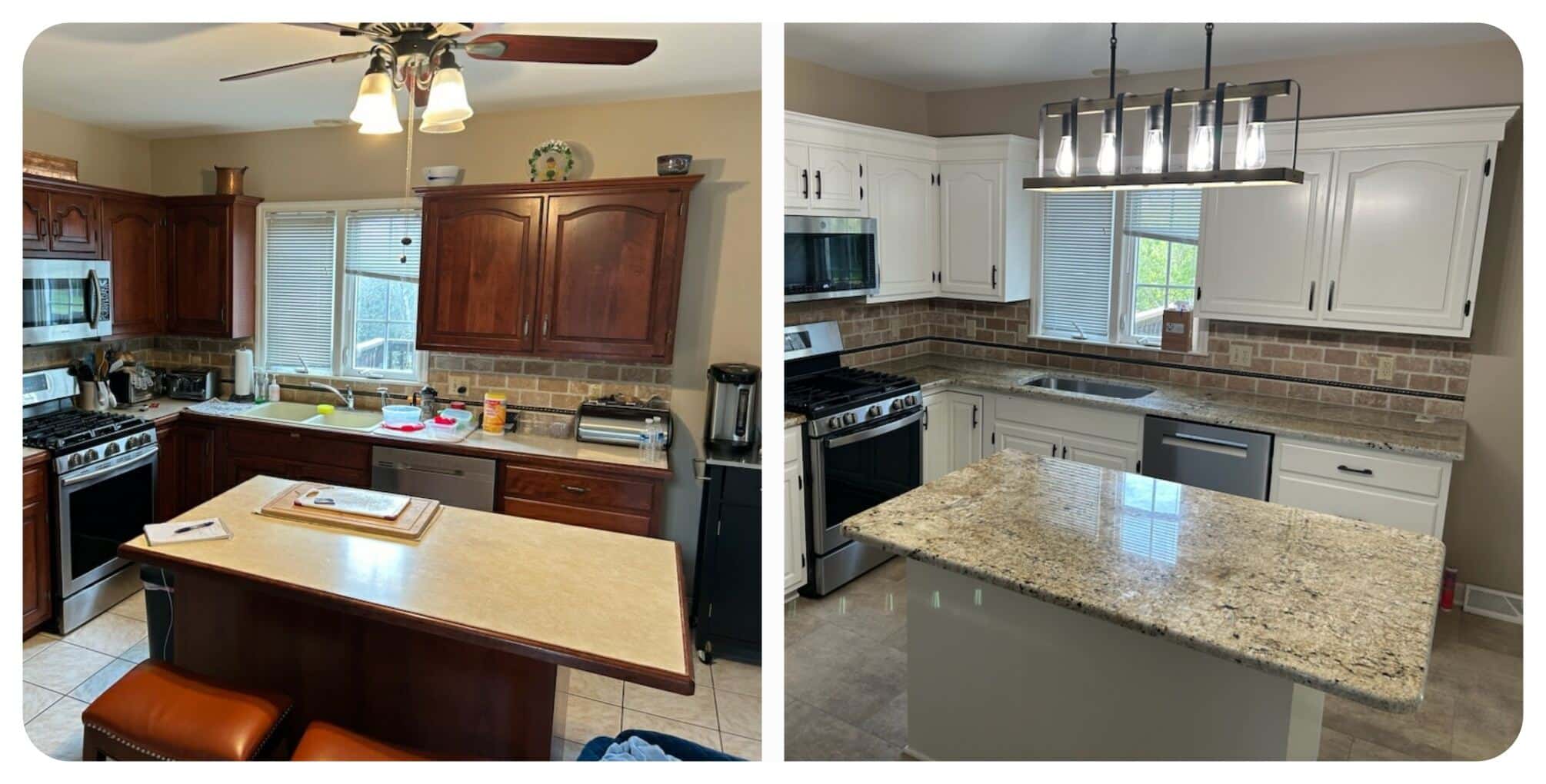 Kitchen remodel before and after with new island, lighting, and repainted cabinets