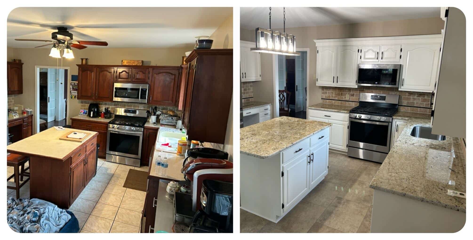 Kitchen before and after with modern granite counters and bright cabinetry