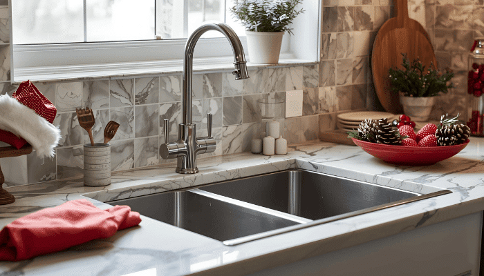 A clean stainless steel double kitchen sink with a modern chrome faucet decorated for the holidays, featuring red towels, pinecone accents, and festive kitchen items on a marble countertop.