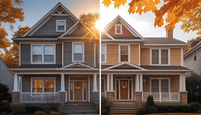 Side-by-side view of a suburban home transitioning from summer to fall, with the left half showing bright sunshine and green foliage, and the right half displaying warm autumn colors and fallen leaves.